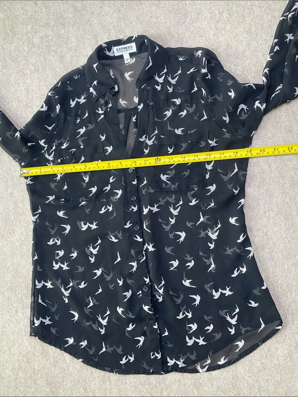 Express Portofino Shirt Small Black White Swallow Bird Print Sheer Blouse - Picture 7 of 11